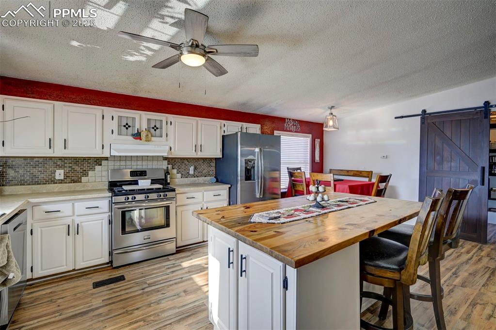 Image 11 of 31: Kitchen with a barn door, white cabinetry, appliances with stainless steel