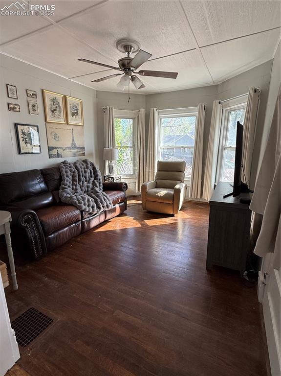 Image 18 of 19: Living room with a ceiling fan, plenty of natural light, wood finished floo