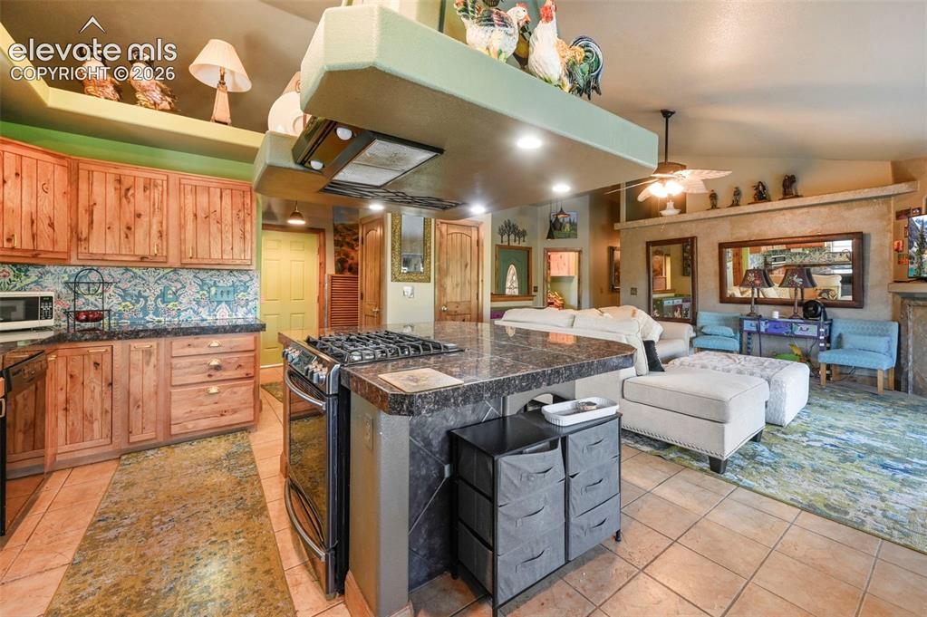Image 6 of 43: Kitchen featuring wood cabinetry, dark stone countertops, tile flooring, an