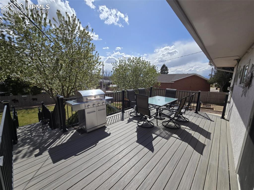 Image 30 of 41: Upgraded Trex Deck featuring outdoor dining area,and a fenced backyard