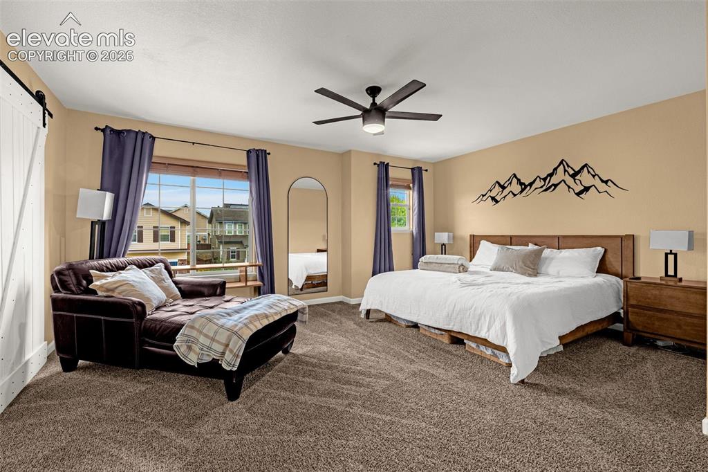 Image 16 of 35: Room featuring wall-to-wall carpeting, a multi-blade ceiling fan, and a whi
