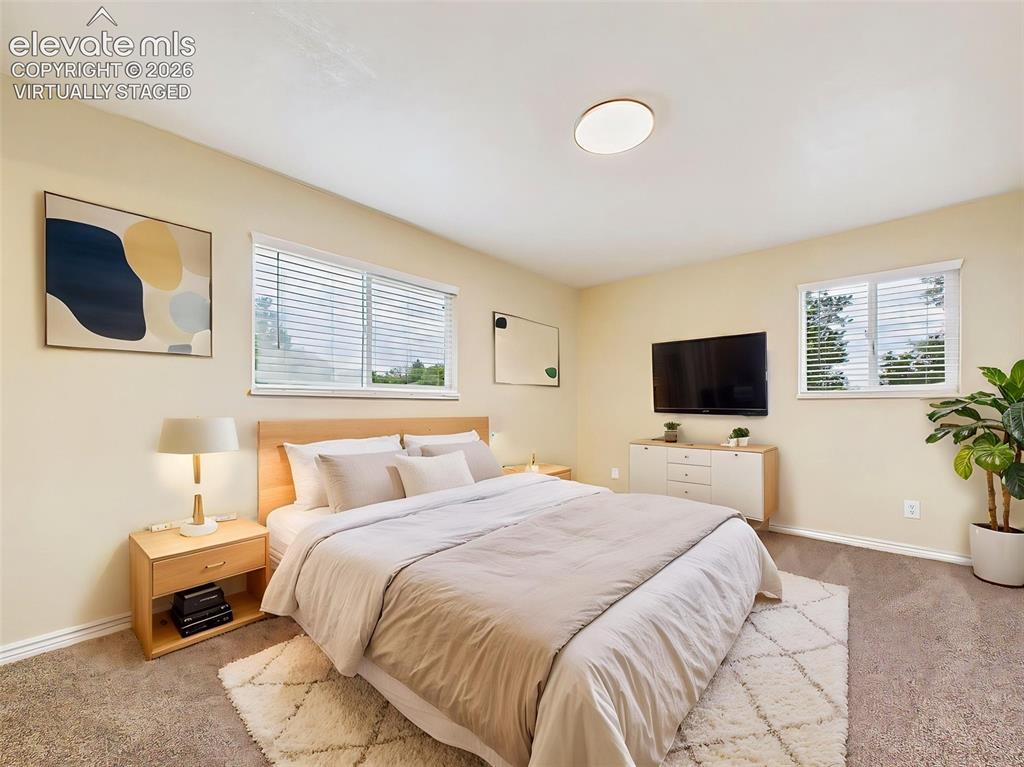 Image 20 of 50: (Virtually Staged) Spacious primary bedroom featuring soft carpeting, large