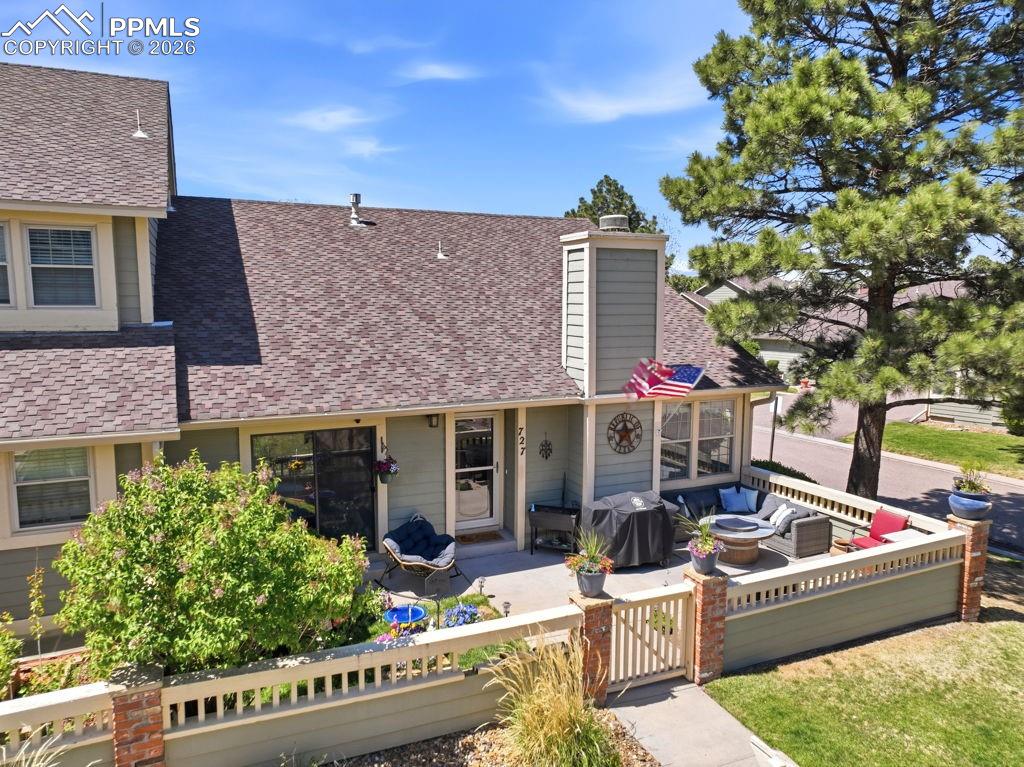 Image 1 of 41: Exterior featuring a shingle roof, light-colored siding, and a prominent fr