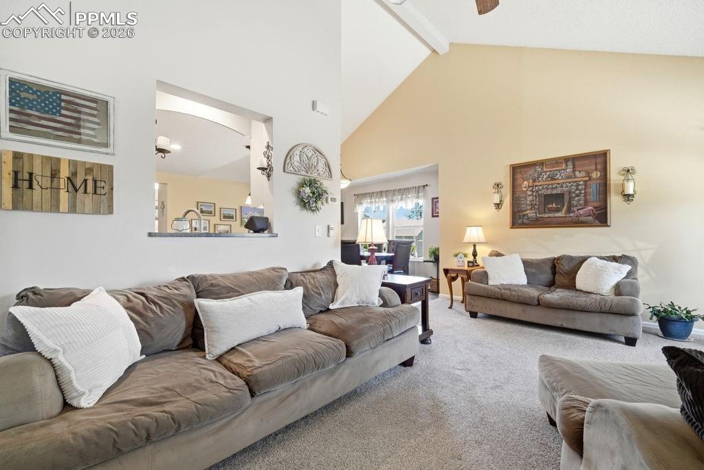 Image 10 of 41: Spacious living area featuring vaulted ceilings, light-colored carpeting, a