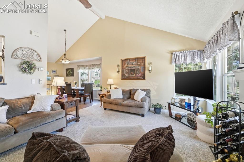 Image 11 of 41: Carpeted living area featuring a vaulted ceiling with gas fireplace