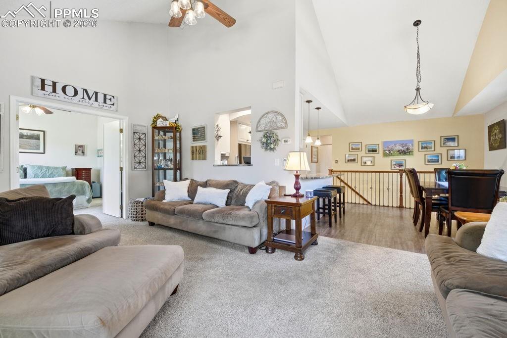 Image 12 of 41: Vaulted ceilings highlight this carpeted living room leading to dining room