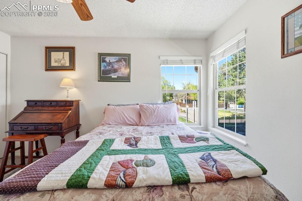 Image 27 of 41: Bright bedroom featuring multiple double-hung windows with exterior landsca