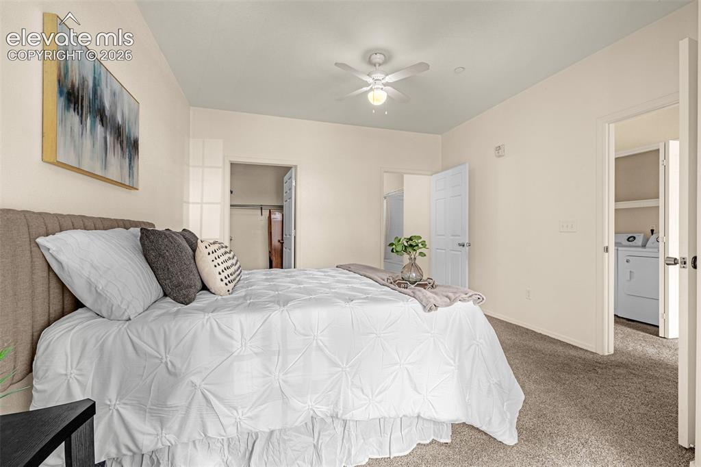 Image 9 of 27: Carpeted flooring, ceiling fan with integrated lighting, recessed lighting,