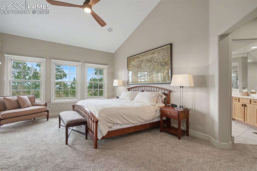 Image 20 of 45: The spacious primary suite is a true sanctuary, featuring vaulted ceilings 