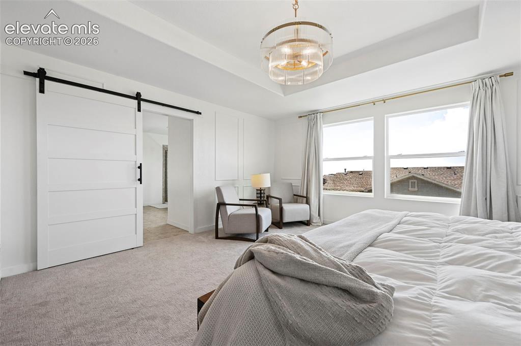 Image 43 of 50: Recessed ceiling with an ornate semi-flush mount light fixture, white barn 