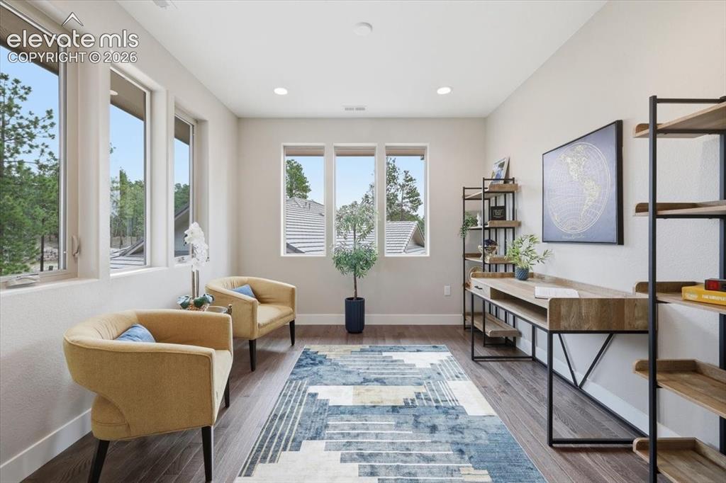 Image 3 of 18: Office/Den with wood flooring and Double Pocket Doors.