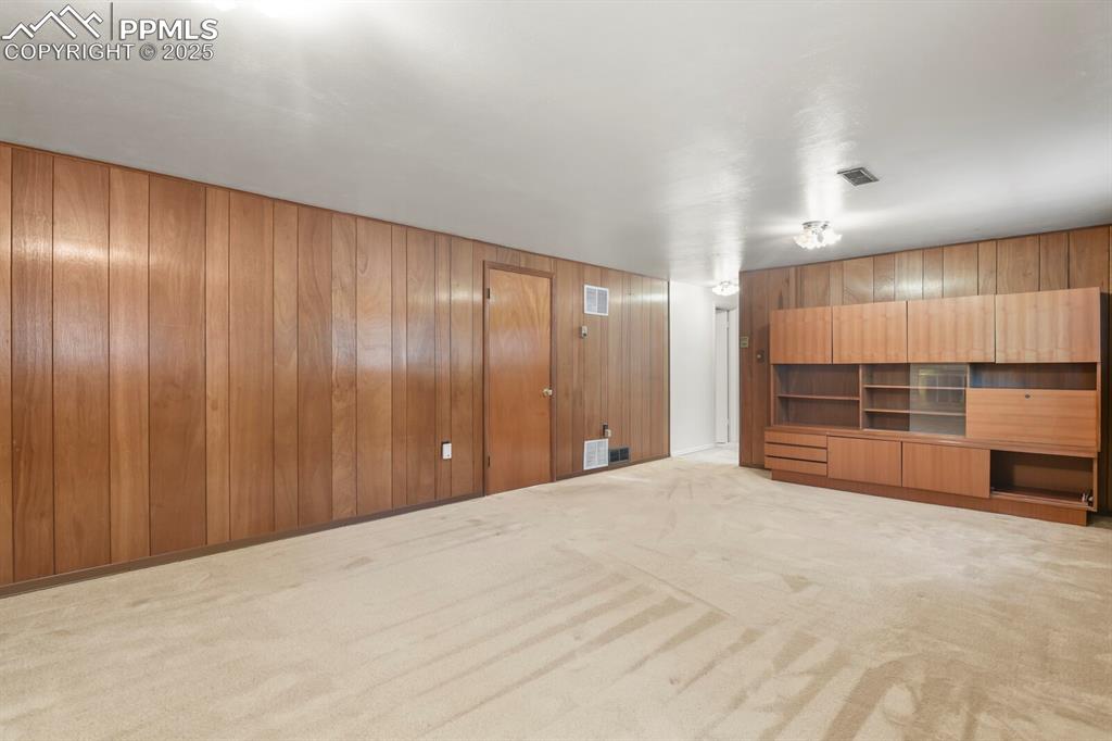 Image 19 of 26: Unfurnished living room featuring wood walls and light colored carpet