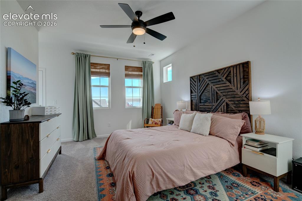Image 21 of 35: Spacious bedroom featuring multiple windows, a ceiling fan with integrated 
