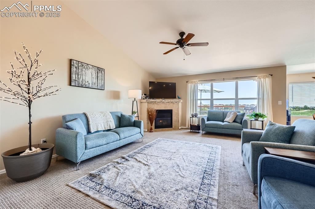 Image 4 of 49: Carpeted living room with lots of natural light, vaulted ceiling and gas lo