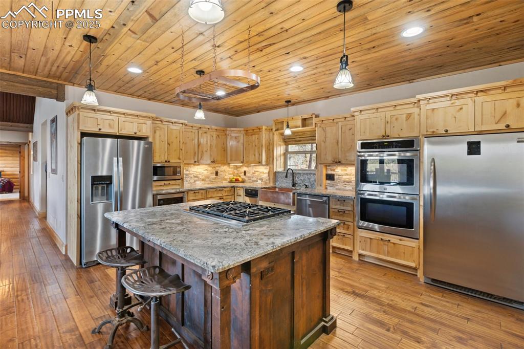 Image 17 of 46: Kitchen with stainless steel appliances, light wood-type flooring, decorati
