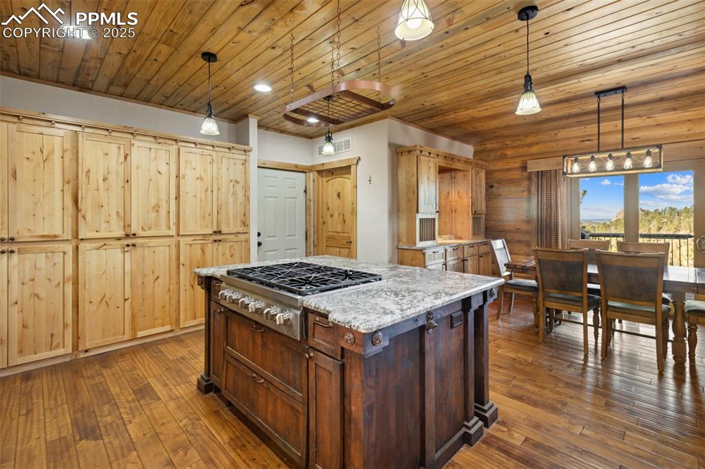 Image 18 of 46: Kitchen with light stone counters, dark wood-type flooring, stainless steel