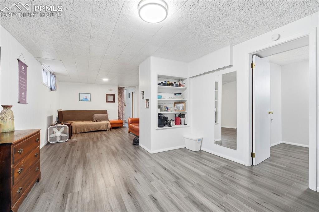 Image 28 of 47: Living area featuring built in shelves and light wood finished floors