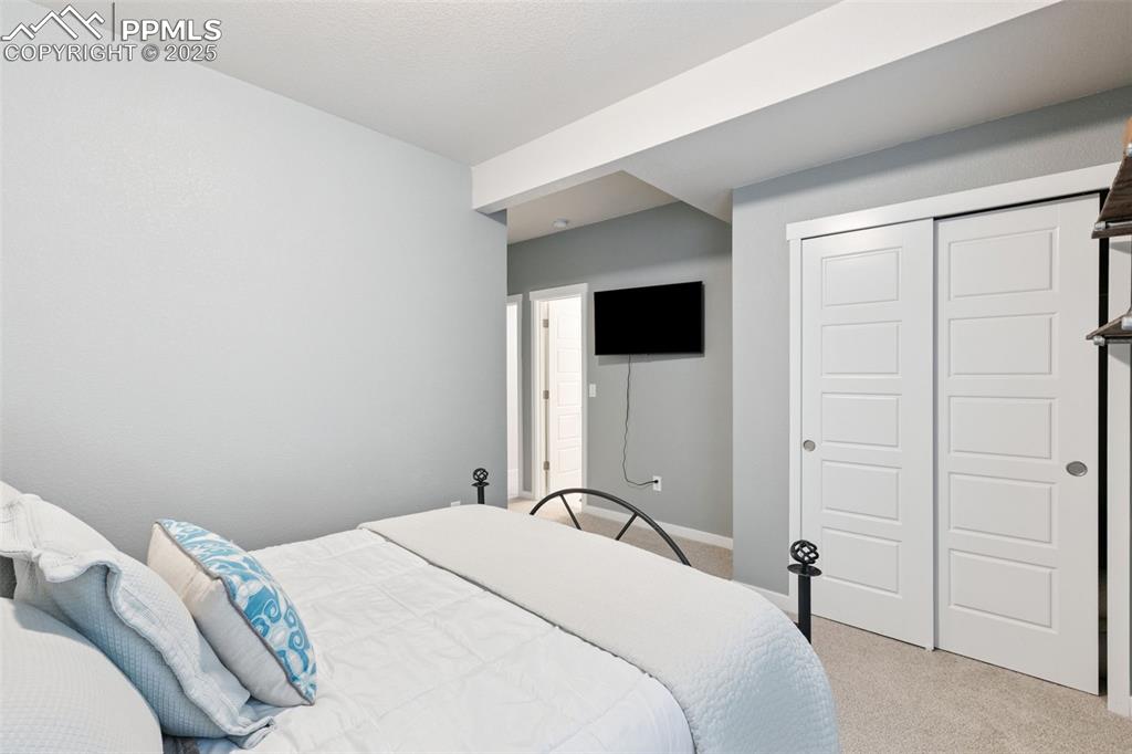 Image 33 of 49: Bedroom with light carpet and a closet
