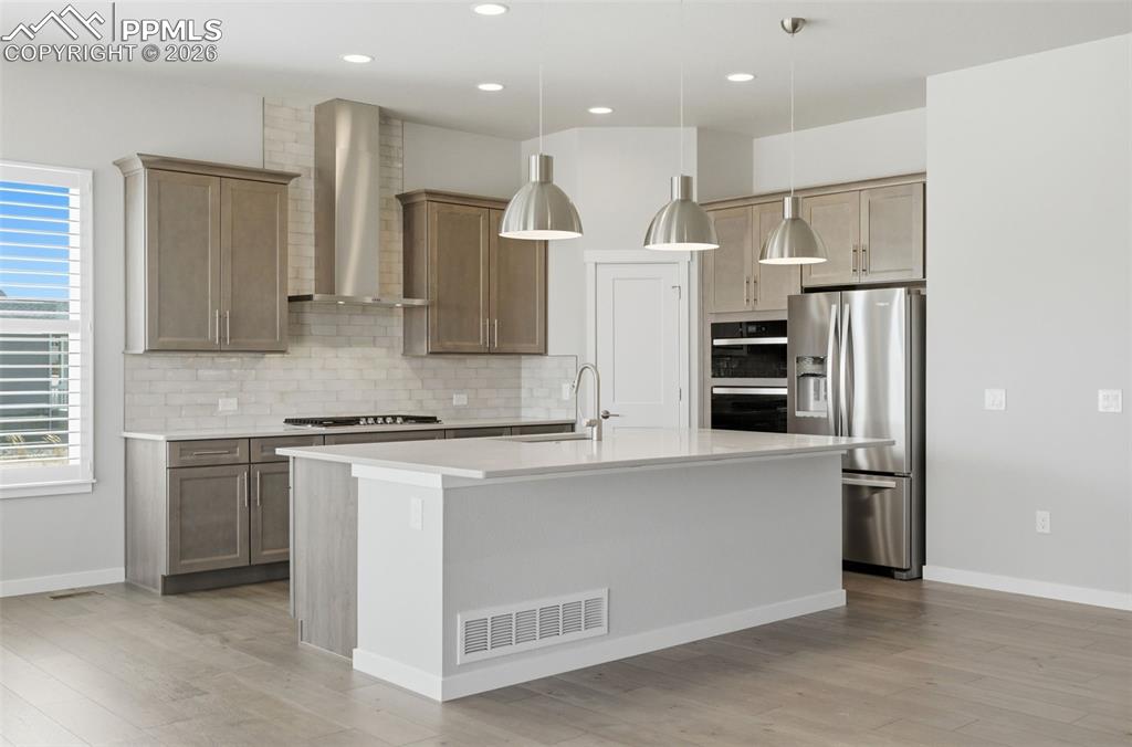 Image 17 of 48: Kitchen with oversized island, quartz countertops, walk-in pantry access, a