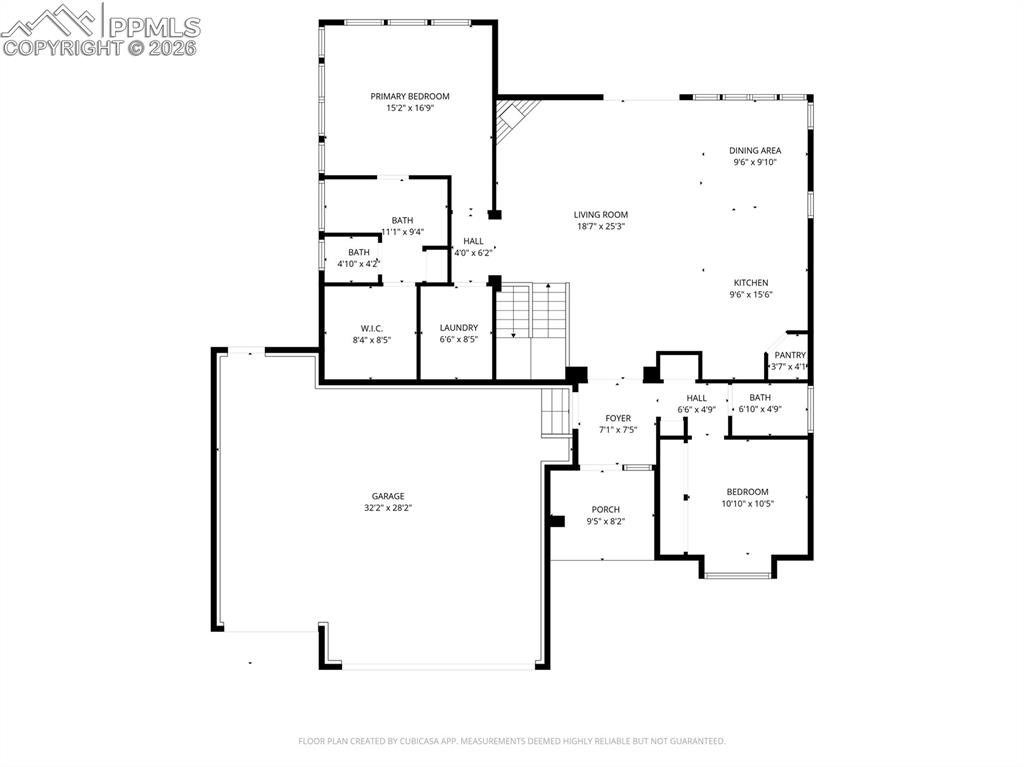 Image 47 of 48: Main level floor plan showing open-concept living areas, primary suite, gar