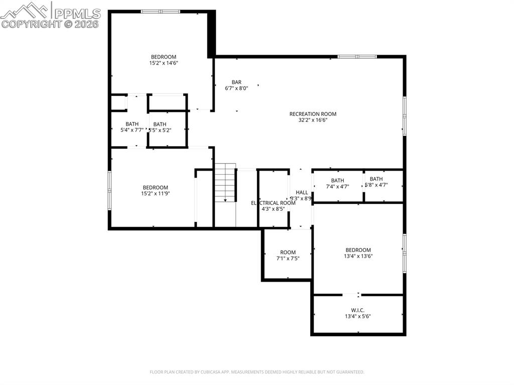 Image 48 of 48: Basement floor plan illustrating finished recreation areas, bedrooms, bathr