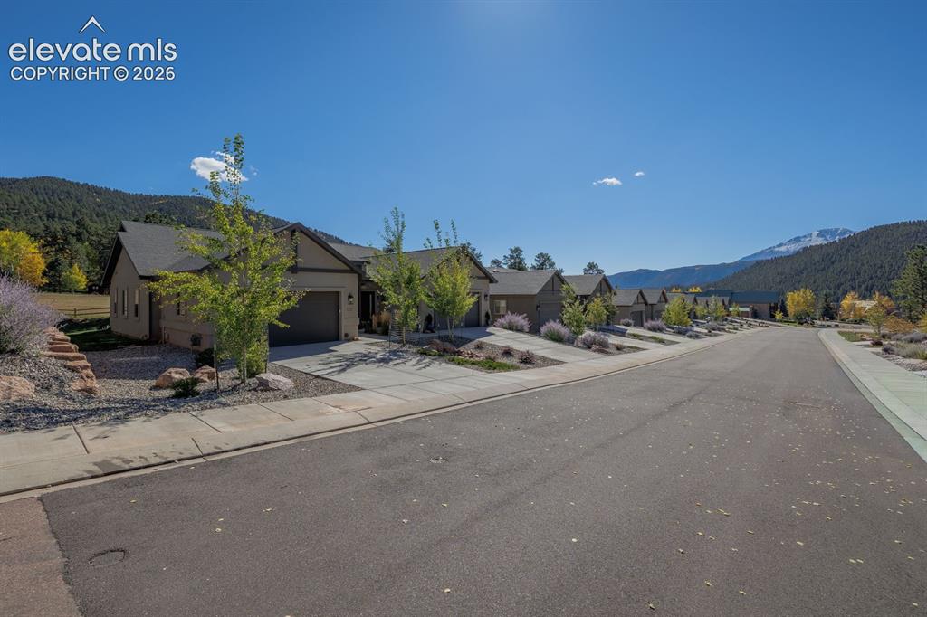 Caption: Paved street with concrete sidewalks and a mountain backdrop