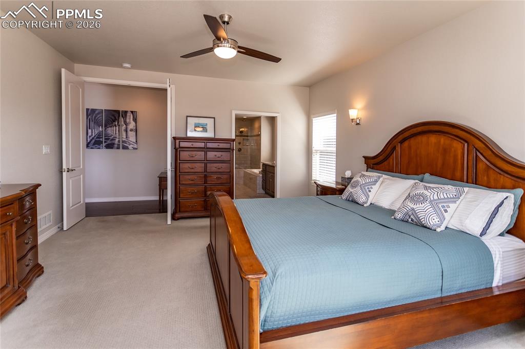 Image 23 of 50: Primary bedroom on main level and adjoining 5-piece primary bathroom and wa