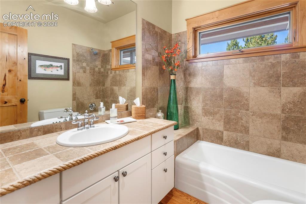 Image 22 of 36: Bathroom vanity featuring a tiled countertop with rope detailing, an oval u