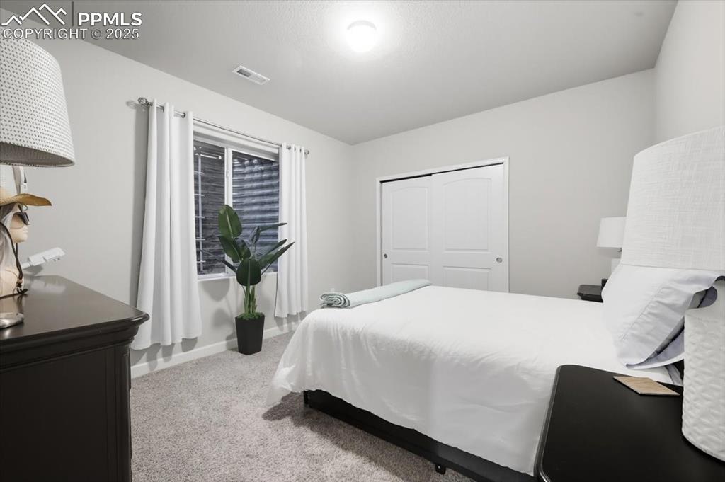 Image 33 of 47: Downstairs Guest Bedroom 1 featuring light carpet and a closet