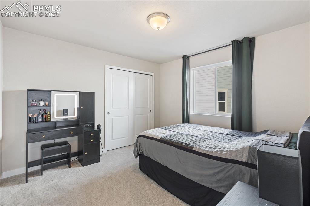 Image 29 of 46: Bedroom with light colored carpet and a closet