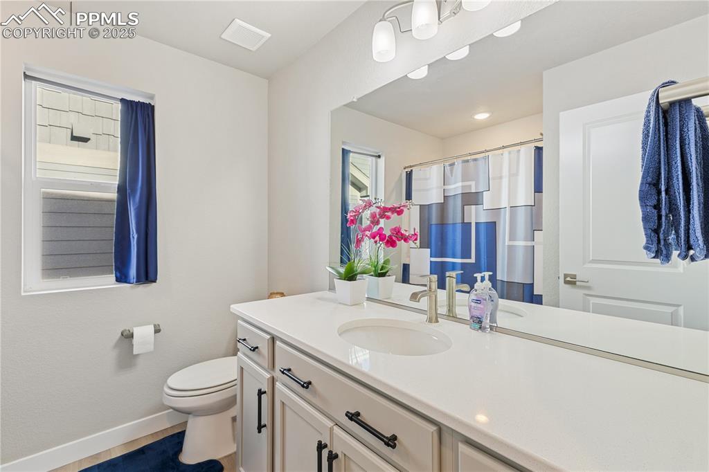 Image 38 of 46: Bathroom with vanity, curtained shower, and wood finished floors