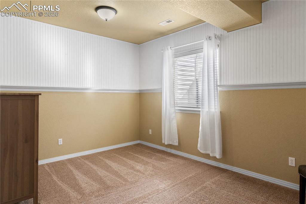 Image 32 of 43: Basement bedroom with chair rail and wainscoting also features walk in clos