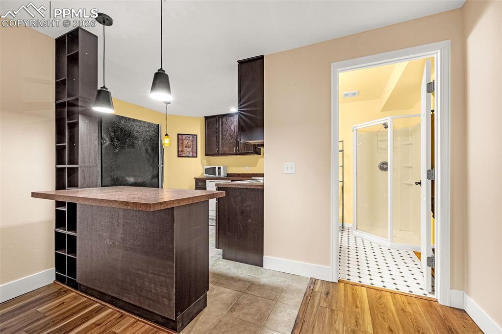 Image 24 of 39: Basement level living area has full kitchen and 3/4 bathroom