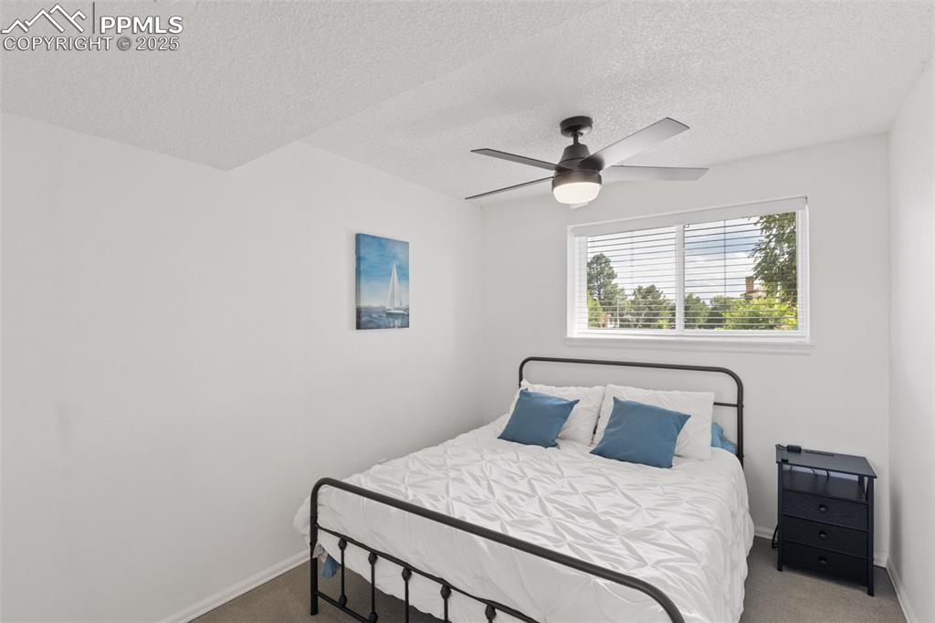 Image 18 of 24: Downstairs carpeted bedroom with ceiling fan.