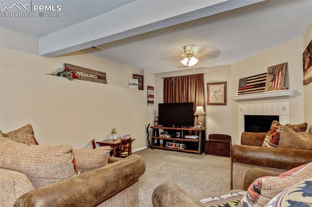 Image 13 of 27: Carpeted family room on the lower level with a tiled fireplace