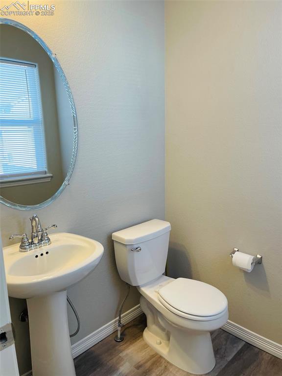 Image 4 of 19: Bathroom with dark wood-style floors and a textured wall