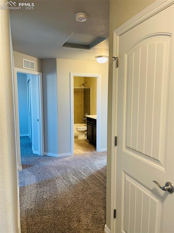 Image 6 of 19: Corridor with light colored carpet and baseboards
