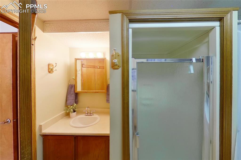 Image 22 of 46: Here is the 3/4 bath that is on level with the family room. 