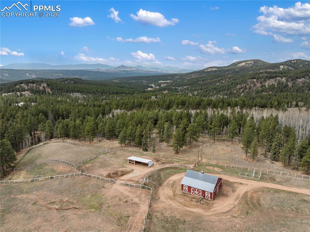 Image 9 of 46: View of rural area with a forest and a mountain backdrop