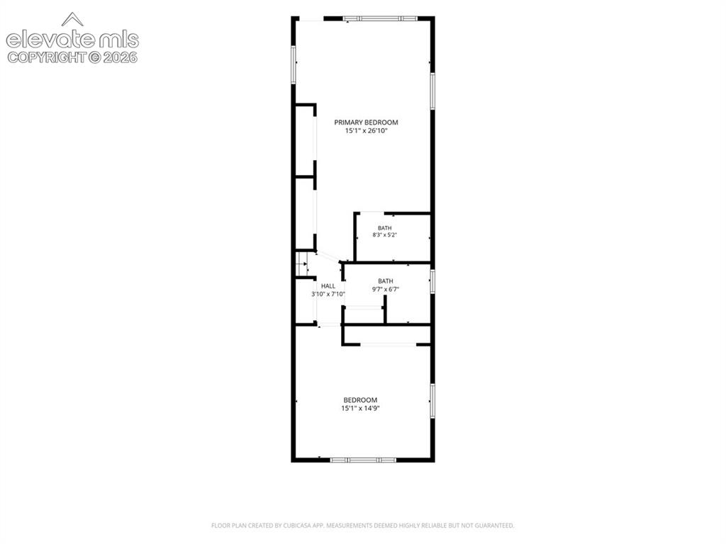 Image 43 of 50: Upper level Floor Plan with primary bedroom, 2nd bedroom two full bathrooms