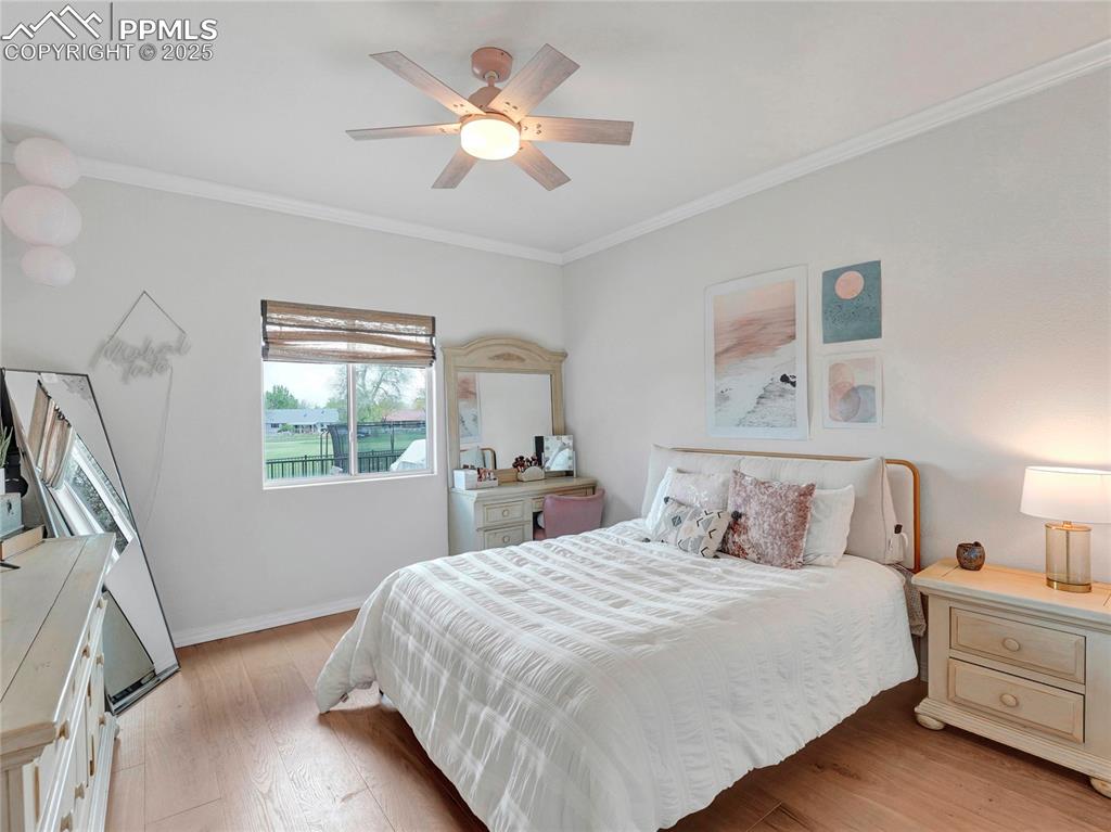 Image 22 of 44: Bedroom with ornamental molding, light wood-type flooring, ceiling fan, and