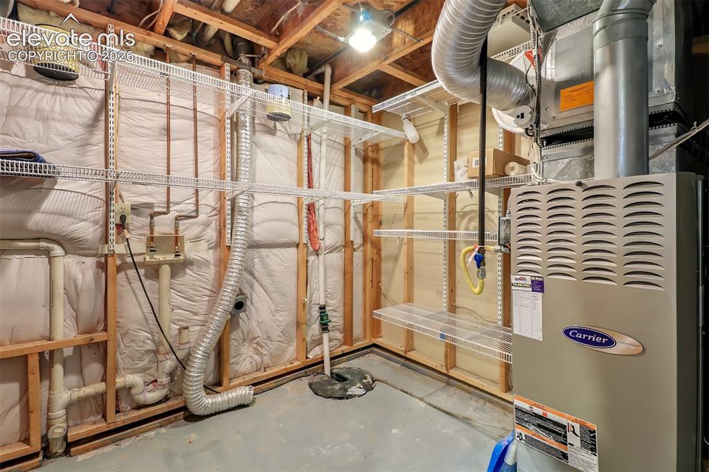 Image 24 of 34: Utility space featuring a high-efficiency Carrier forced-air furnace, expos