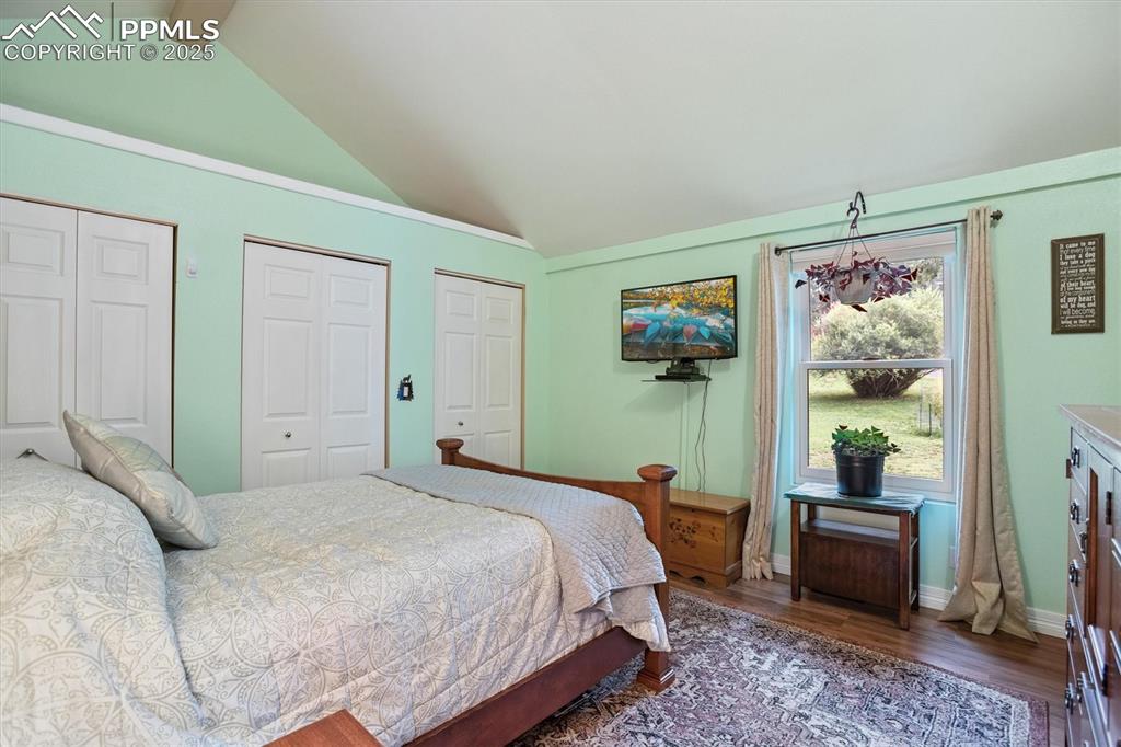 Image 11 of 22: Bedroom featuring two closets and dark wood-style floors