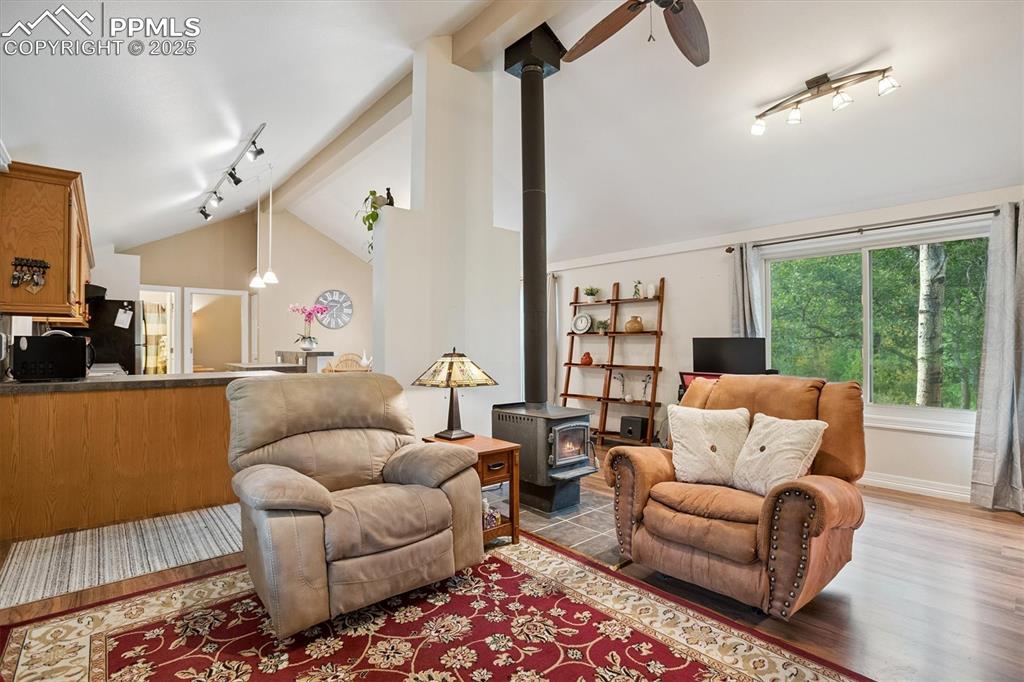 Image 5 of 22: Living room with track lighting, a wood stove, lofted ceiling, a ceiling fa