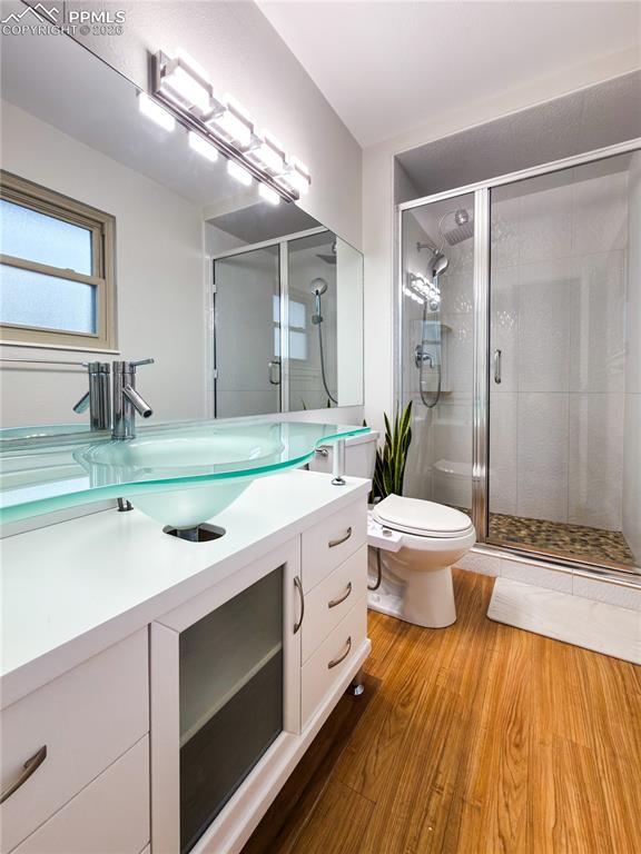 Image 13 of 48: Full bathroom featuring vanity, a shower stall, and dark wood-style floors