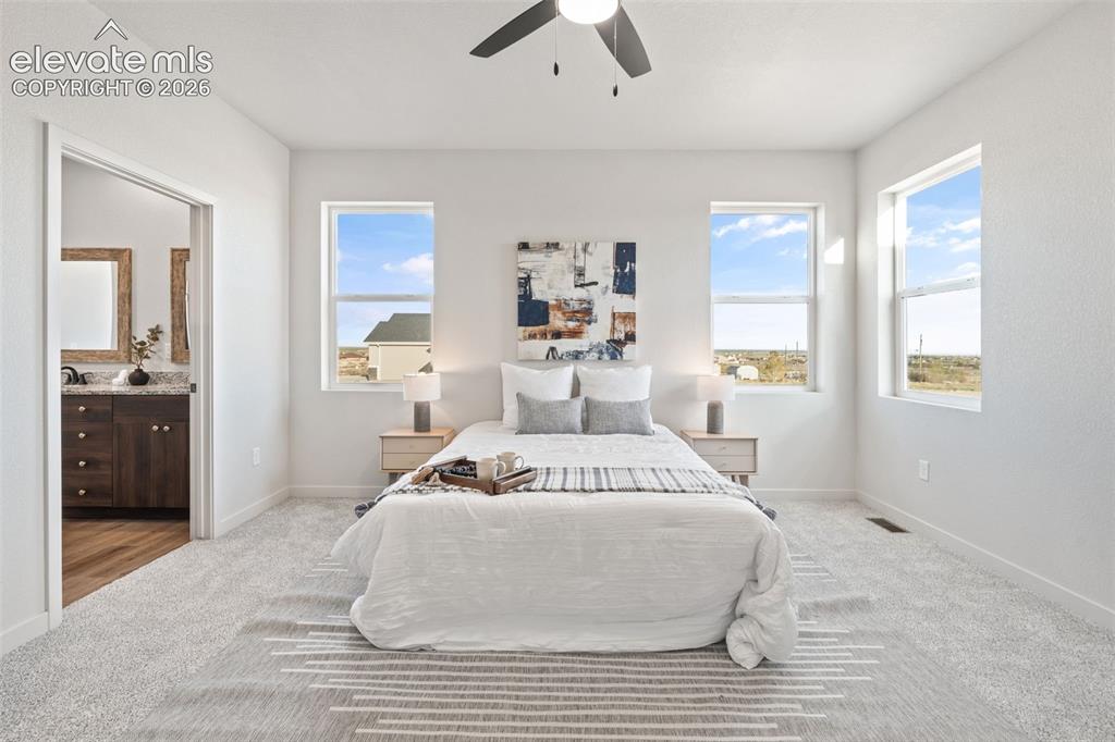 Image 17 of 40: Light gray carpeting, multiple windows, ceiling fan, and an en-suite bathro