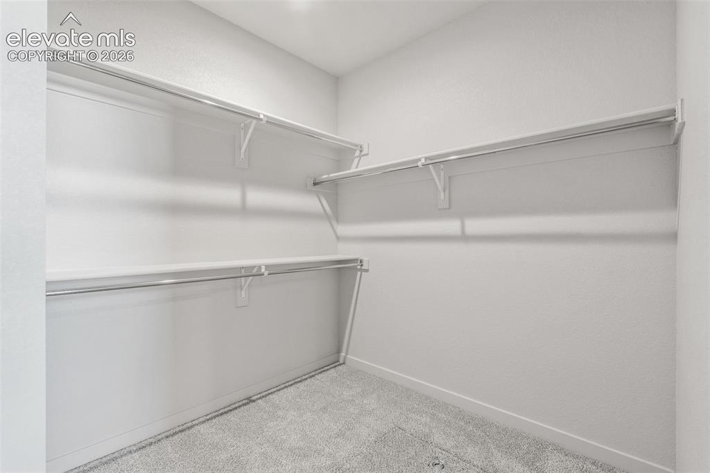 Image 23 of 40: White-painted walls with textured finish, light grey carpet, and white shel