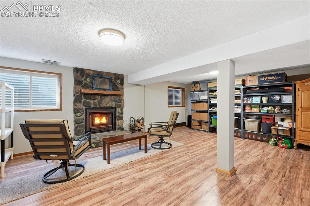 Image 34 of 49: The Basement Family room features a wood burning fireplace insert that will
