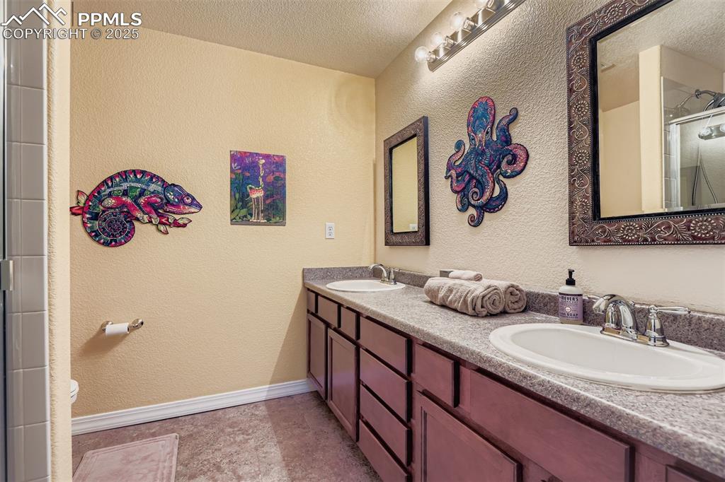 Image 23 of 29: Bathroom  double vanity, a shower with door in basement