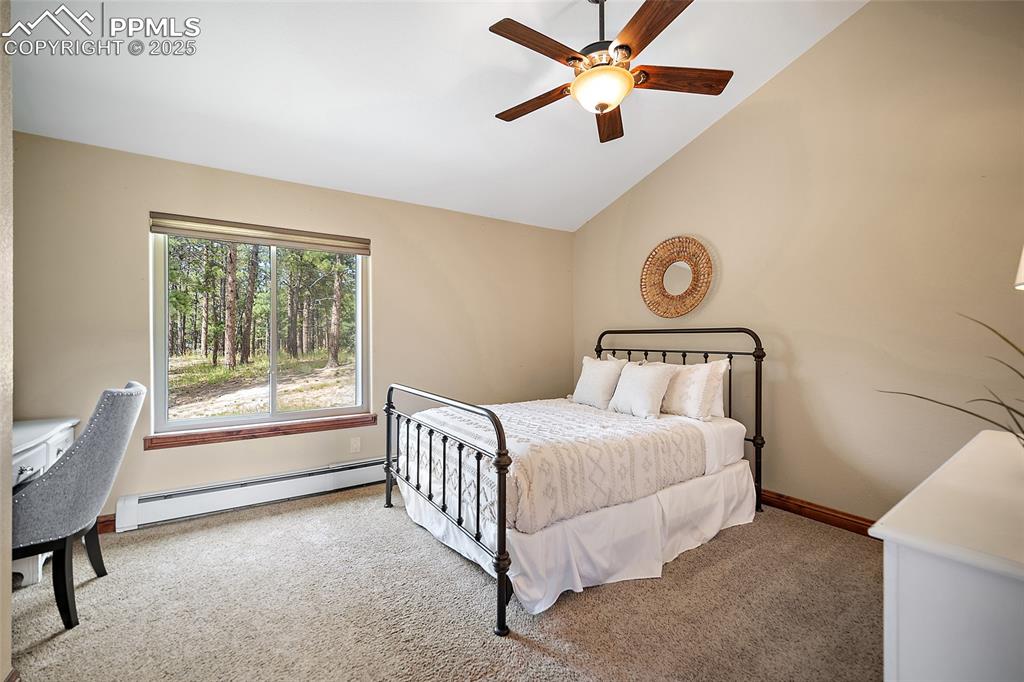 Image 31 of 47: Carpeted bedroom featuring a baseboard radiator, lofted ceiling, and ceilin